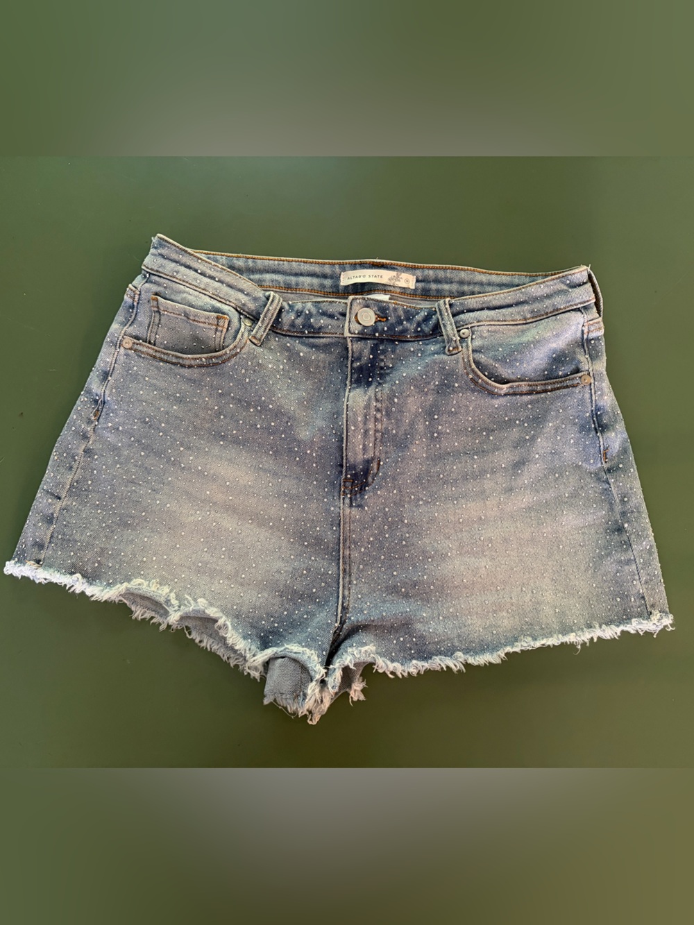 Altar'd State Light Blue Polka Dot Denim Shorts with Frayed Hem
